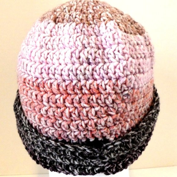 Colorful Pink Black Beanie Multicolor Cap Roll Hat Handmade Crochet USA Size M - Picture 3 of 6